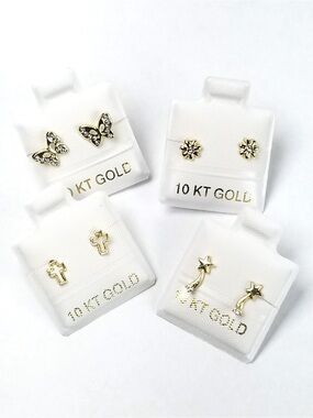 10K Gold 4 Pair Stud Earrings Crucifix Cross Flower Star Butterfly CZ Broquel